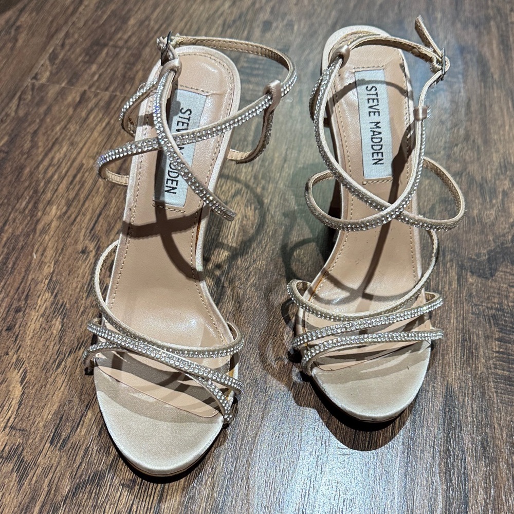 Steve Madden Beige Satin Heels with Rhinestones Straps